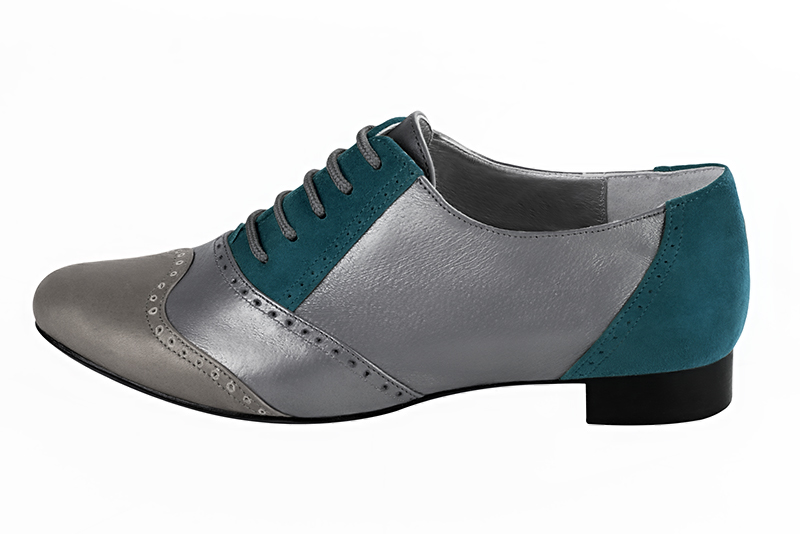 Ash grey and peacock blue women's fashion lace-up shoes. Round toe. Flat leather soles. Profile view - Florence KOOIJMAN